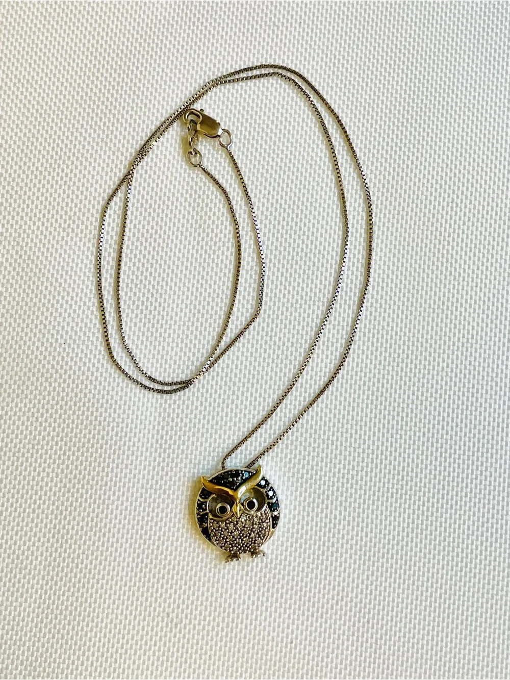 10K Yellow Gold Sterling Silver Black White Diamond Chubby Owl Necklace